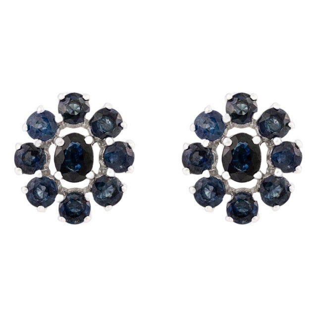 A Pair of Modernist 925 Sterling Silver Blue Sapphire Cluster Stud Earrings- Partywear Earrings For Sale