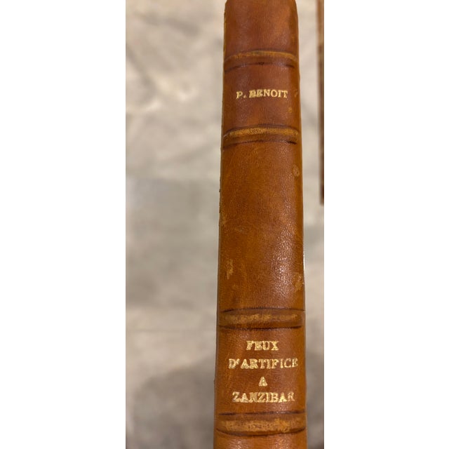 Art Deco Vintage French Cognac Leather Bound Books by Pierre Benoit - Set of 3 For Sale - Image 3 of 13
