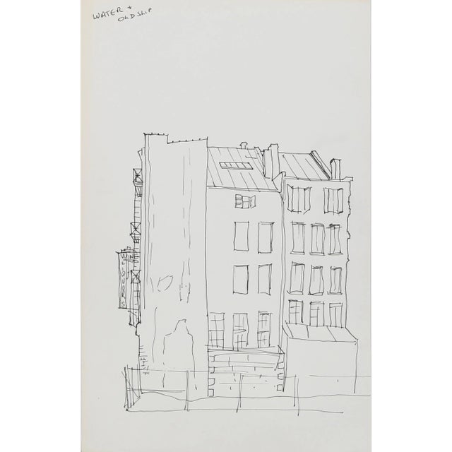 This ink drawing by Eve Nethercott focuses on several buildings located near the slip where boats are moored. Although...