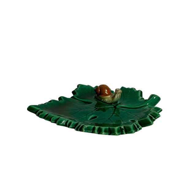 Green Vintage Green Majolica Leaf Plate With Snail Motif, French Country Style For Sale - Image 8 of 8