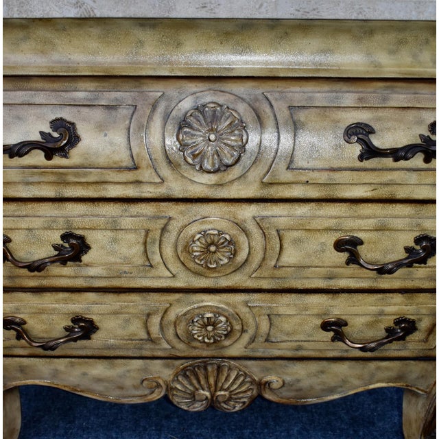 Tan Wood Marble Top Chest French Baroque Style Bombay Commode Carved 3 Drawer 90's For Sale - Image 8 of 18