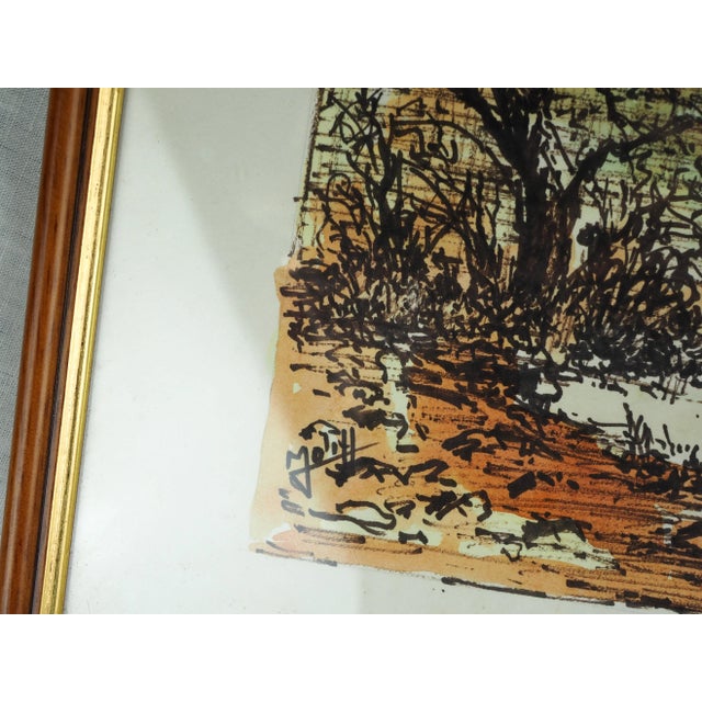 1970s French Watercolor Painting of View of Marsh, Church in the Distance, Framed For Sale - Image 4 of 11