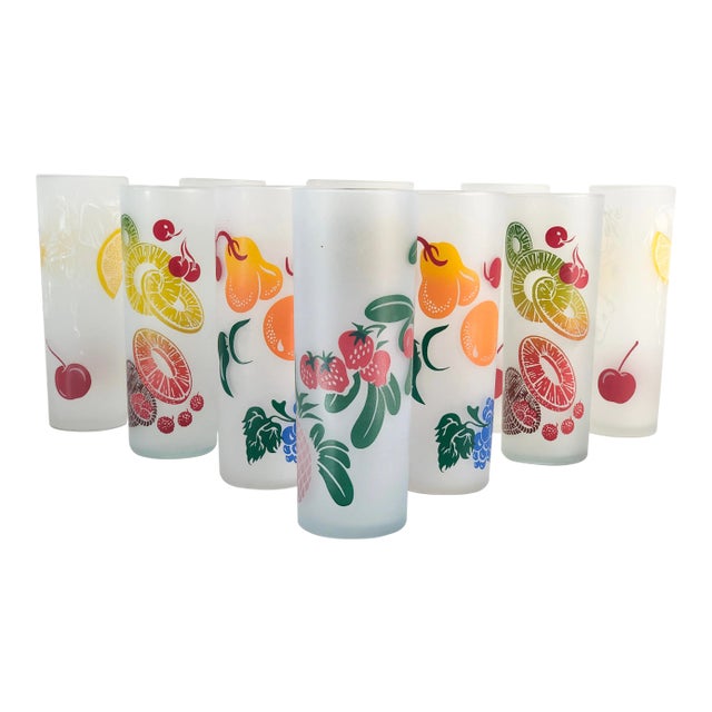 Midcentury Vintage Federal Frosted Colorful Fruit Glasses - Set of 10 For Sale