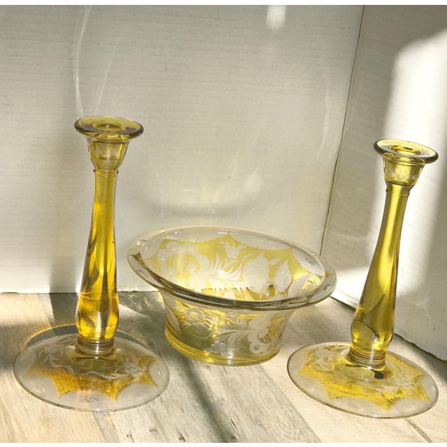 Vintage Yellow Cut & Etched Crystal Candlesticks & Bowl Set of 3