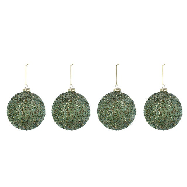 Modern Beaded Tinsel Green Glass Ball Ornaments, Set of 4, 4.75" For Sale - Image 3 of 3