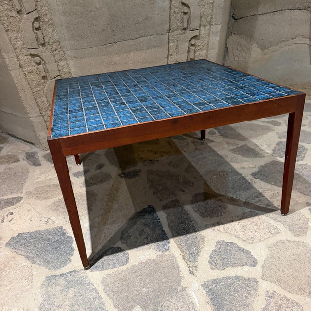 Jens Risom Mid-Century Modern Danish Coffee Table Walnut & Blue Tile Top For Sale - Image 4 of 8