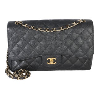 Black Quilted Caviar Jumbo Double Flap Bag For Sale