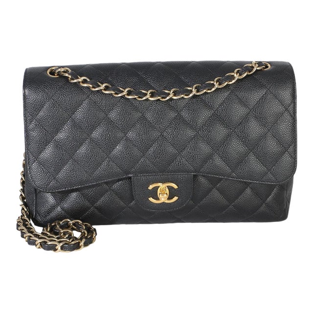 Black Quilted Caviar Jumbo Double Flap Bag For Sale