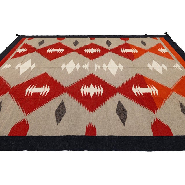 9x12 Modern Navajo-Inspired Wool Flat-Weave Rug in Terracotta & Cream For Sale - Image 9 of 10
