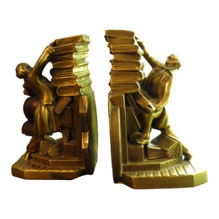 Pm Craftsman Cast Metal Brass Bookends Colonial Librarian Falling Books Usa For Sale
