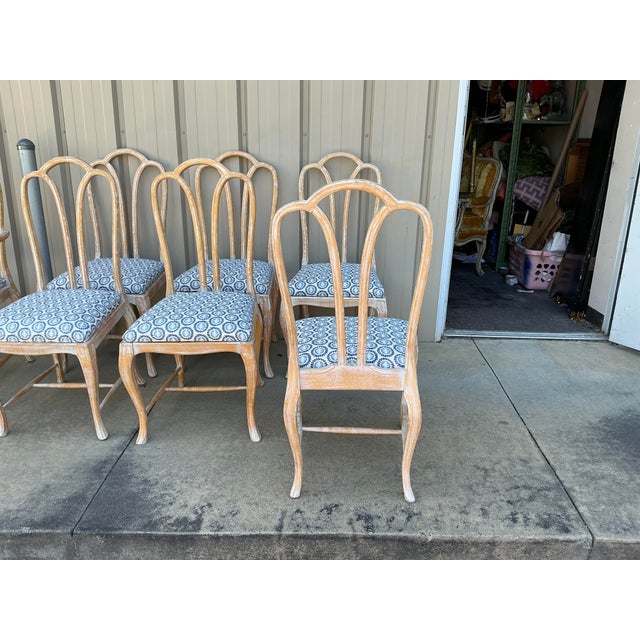 Gustavian Style Cerused Dining Chairs in New Blue & White Linen Set of 8 For Sale - Image 14 of 15