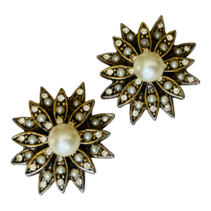 Har Signed Vintage Rhinestone & Faux Pearl Starburst Clip-on Earrings - A Pair