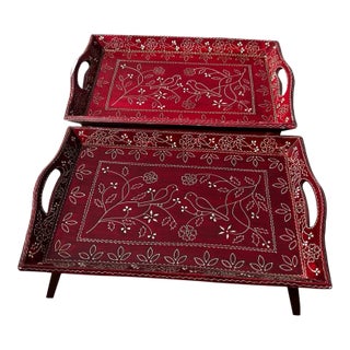 Hand Painted Red Serving Tray-A Pair For Sale