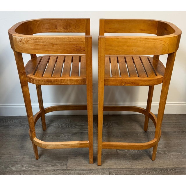 Pair Architectural Solid Teak Bar Stools Attributed to Palecek, Organic Modern For Sale - Image 11 of 14