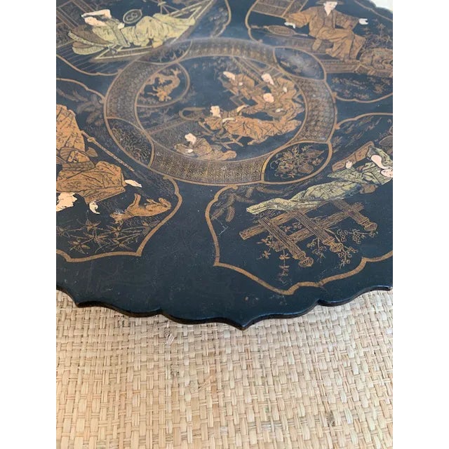 Antique Chinoiserie Papier Mache Pedestal Plate Lacquered For Sale In Miami - Image 6 of 8