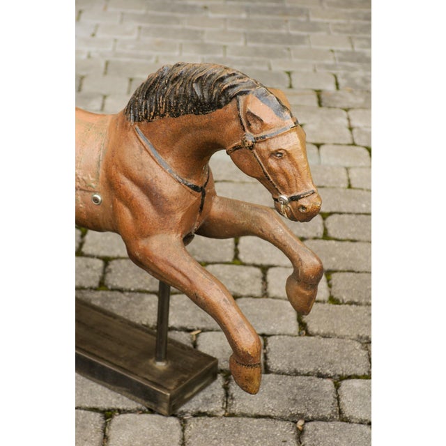 Metal Vintage 1940s Folk Art Painted Iron Child Riding Horse Mounted on Custom Base For Sale - Image 7 of 12