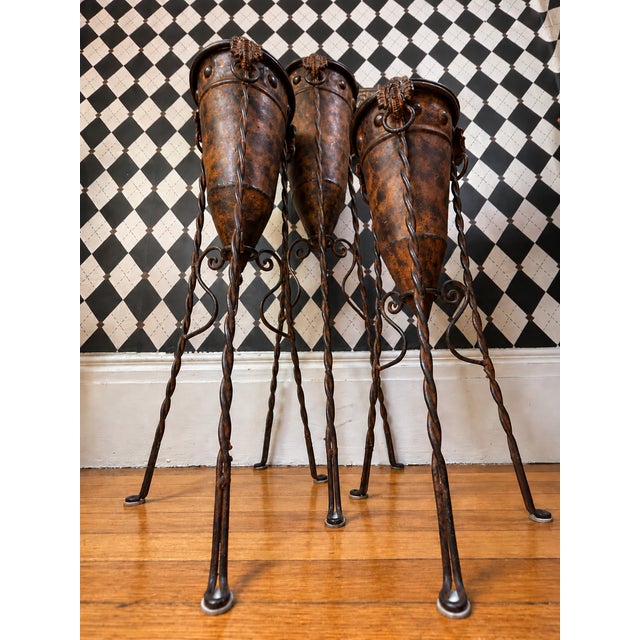 1970s Floor Brutalist Primitive Totemic Tall Metal Vessels on Forged Stands For Sale - Image 5 of 6