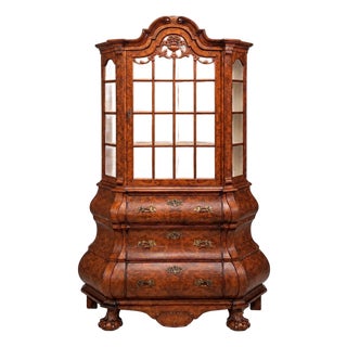 Dutch Baroque Style, Large Bombe Bookcase, Burr Walnut, Glass, England, 1940s For Sale