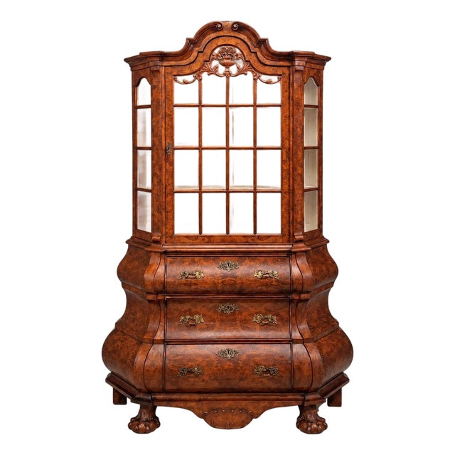 Dutch Baroque Style, Large Bombe Bookcase, Burr Walnut, Glass, England, 1940s For Sale