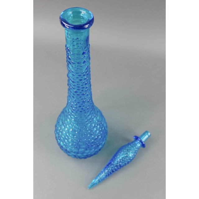 Empoli Italian Vintage Blue Hobnail Glass Decanter Genie Bottle For Sale - Image 4 of 7