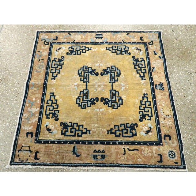 Art Deco Galerie Shabab Collection Early 20th Century Handmade Chinese Ningxia Square Throw Rug For Sale - Image 3 of 7