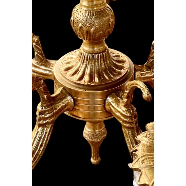 Brass 1950s Petite Vintage Cast Brass Five Light Chandelier With Silk Shades For Sale - Image 8 of 14
