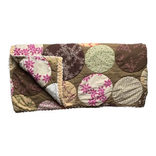 Hippie-Chic Japanese Cotton Medallion Quilt — Chocolate Brown & Pink Floral Circles, Hand Quilted, 66x88P For Sale