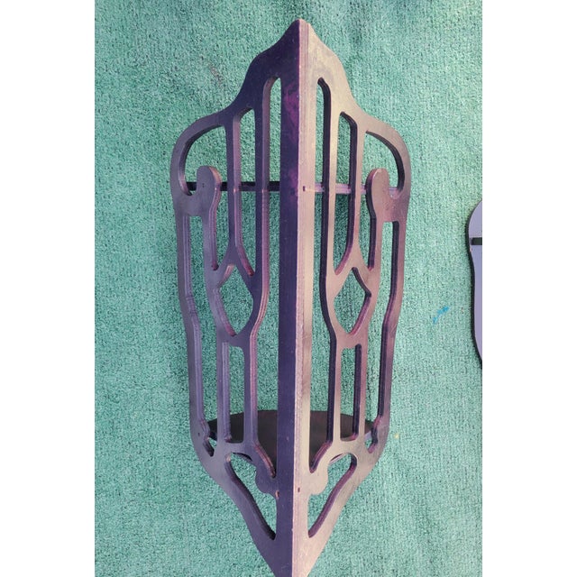 Coffee Vintage Dark Fretwork Wood Corner Display Shelves Set of 3 For Sale - Image 8 of 11
