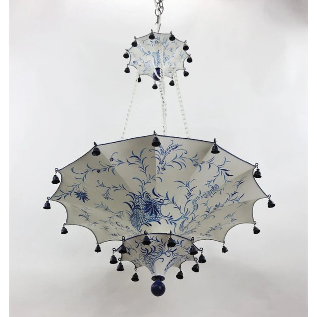 Metal Vintage Two Tiers Upside Down Umbrella Ceiling Chandelier With Bells, White/ Blue in Arabasic Design Style For Sale - Image 7 of 10