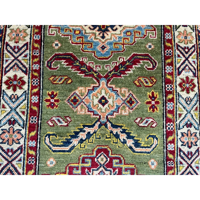 Olive Green and Cream Kazak-Style Wool Runner Rug, Natural Dyes, 2'9" X 10' For Sale - Image 12 of 16