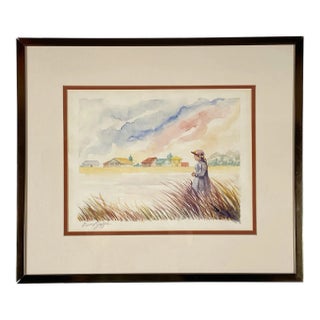 Vintage Framed Watercolor of Woman Walking Countryside Signed For Sale