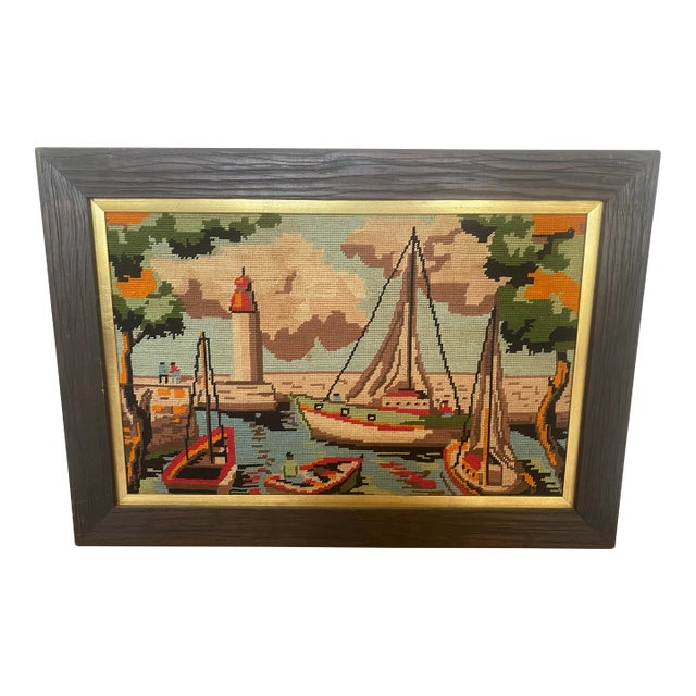 Mid Century Modern Boho Coastal Lighthouse and Harbour Framed Realism Needlepoint For Sale