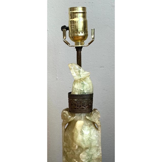 Early 20th Century Vintage Jadite Carved Lamp With Brass For Sale - Image 5 of 12