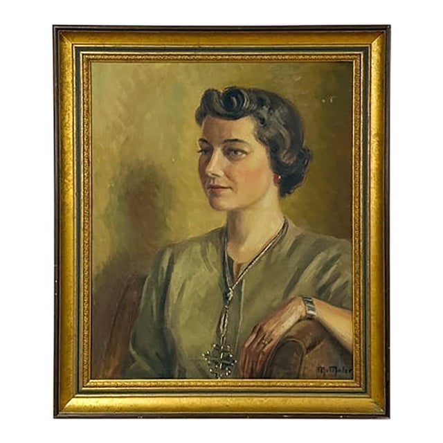 Vintage M Meier Original Oil Portrait Woman Canvas Signed Ornate Frame For Sale
