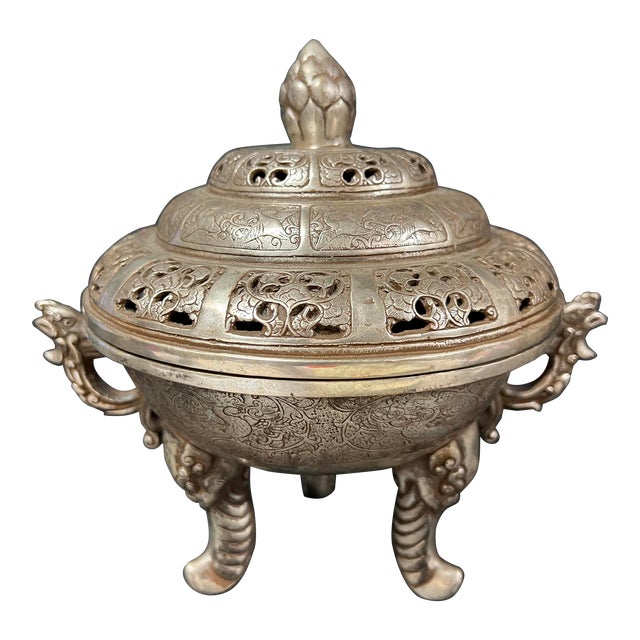 Late 20th Century Chinese Art Silver Gilt Bronze Metal Incense Burner For Sale