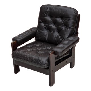 Danish Armchair in Brown Leather and Oak, 1970s For Sale