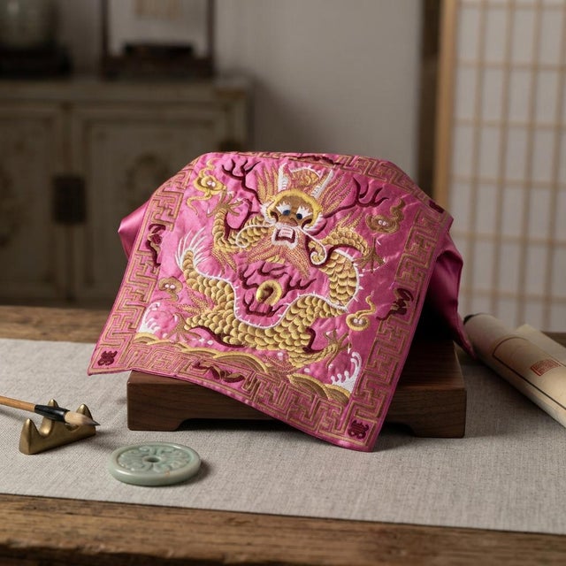 This exquisite 10.5-inch square piece of fabric art showcases traditional Asian embroidery craftsmanship, centered around...