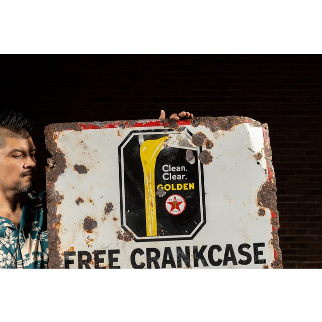 Industrial Vintage Texaco Crankcase Service Single-Sided Porcelain Sign on Post For Sale - Image 3 of 9