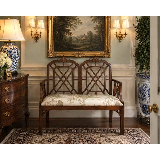 Vintage Chinese Chippendale Style Double-Back Walnut Settee With Botanical Upholstery For Sale - Image 4 of 10