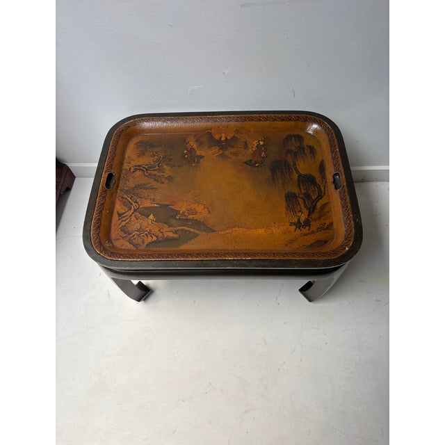 Antique Painted Metal Tray on Stand Depicting a Chinese Ceremonial Landscape For Sale - Image 10 of 10