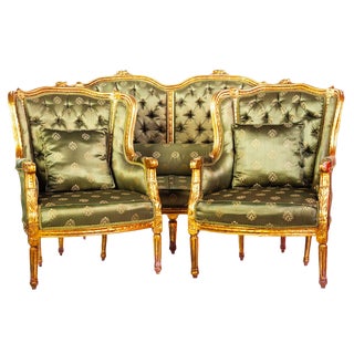 19th Century Louis XVI Gold Gilt Wood Sofa Set- 3 Pieces For Sale