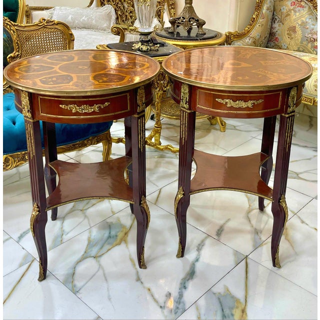 French Style Wood Side Table Set – Copper Finish With Gold Leaf Accents For Sale - Image 4 of 7
