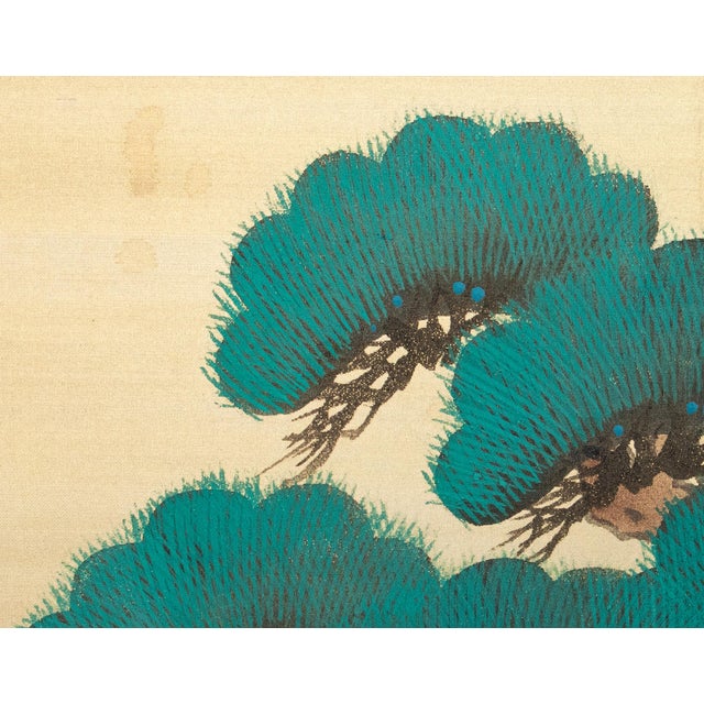 C. 1960s Showa Era Japanese Painted Silk Byobu Screen "Evergreen Pine Tree" For Sale In Dallas - Image 6 of 18