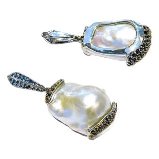Bochic “Orient” Vintage Blue Sapphire & Pearl Earrings Set 18K Gold & Silver For Sale