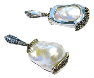 Bochic “Orient” Vintage Blue Sapphire & Pearl Earrings Set 18K Gold & Silver