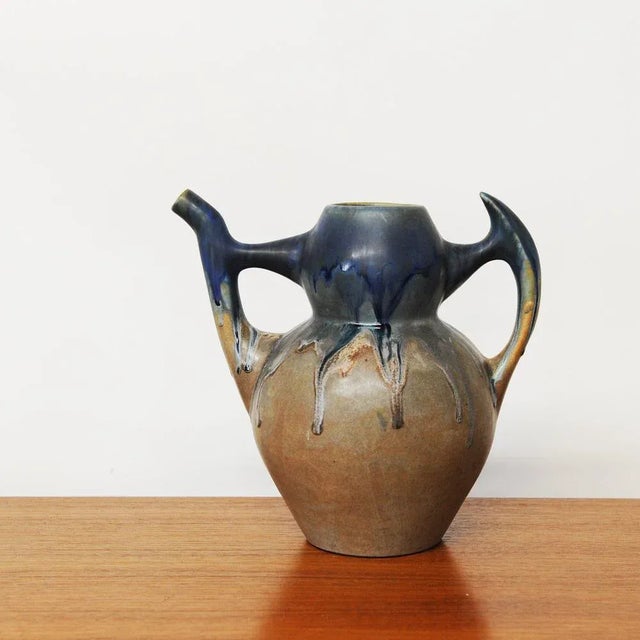 French Glazed Blue and Brown Stoneware Pitcher attributed to Gilbert Méténier, 1930s For Sale - Image 9 of 9