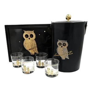 1960s Couroc California Owl Glassware Ice Bucket Serving Tray Set- 7 Pieces