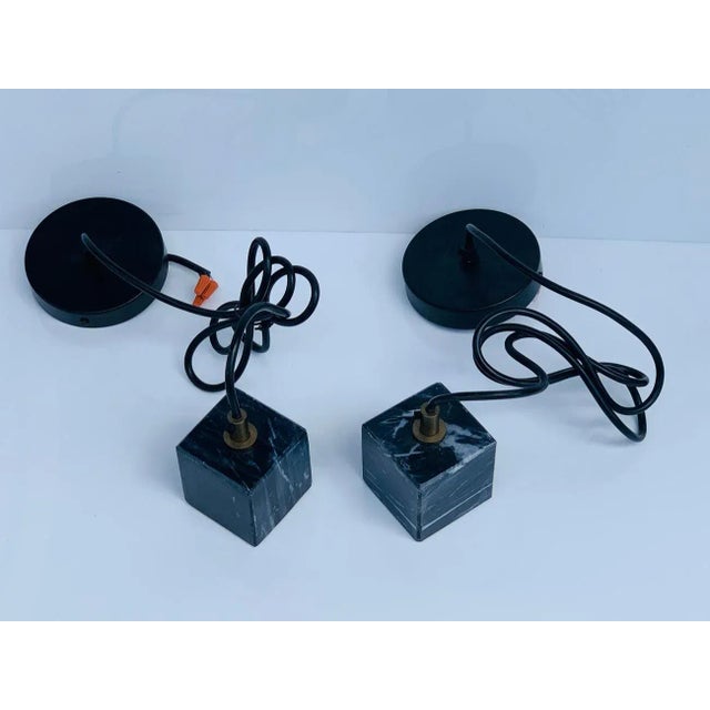 Black Marble & Brass Pendant Lights - a Pair For Sale - Image 4 of 10