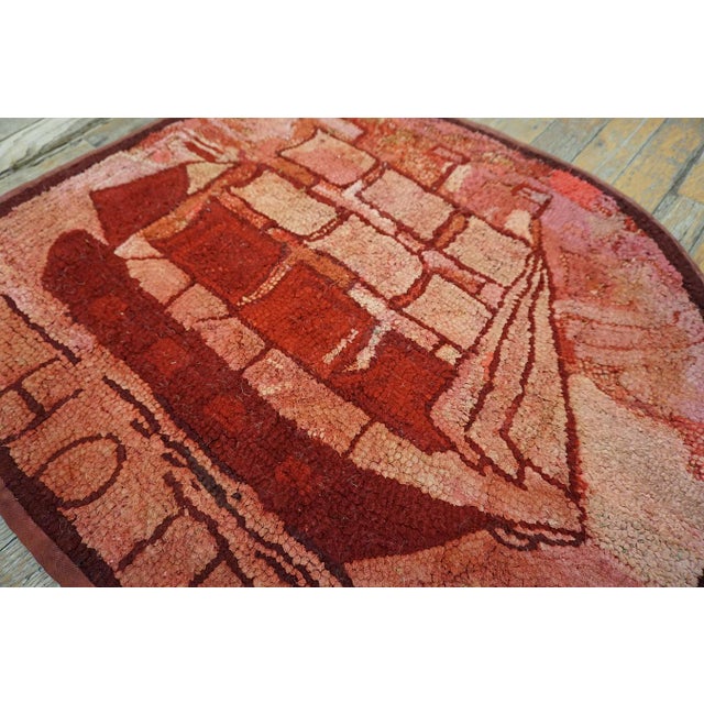 1890s Red Rose Nautical Scene Antique American Hooked Rug 2'3" X 2'8" Handknotted Wool Carpet For Sale - Image 4 of 5