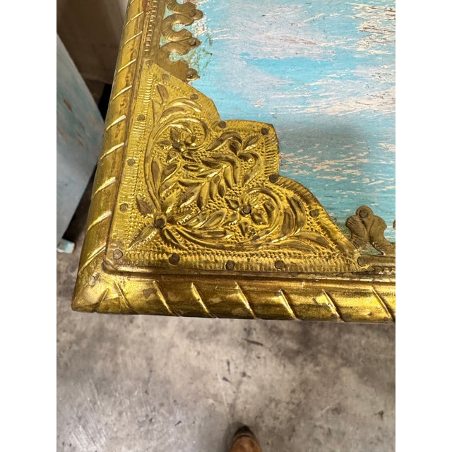 Wood Boho Coastal Vintage Painted Chests Brass Detail - A Pair For Sale - Image 7 of 12